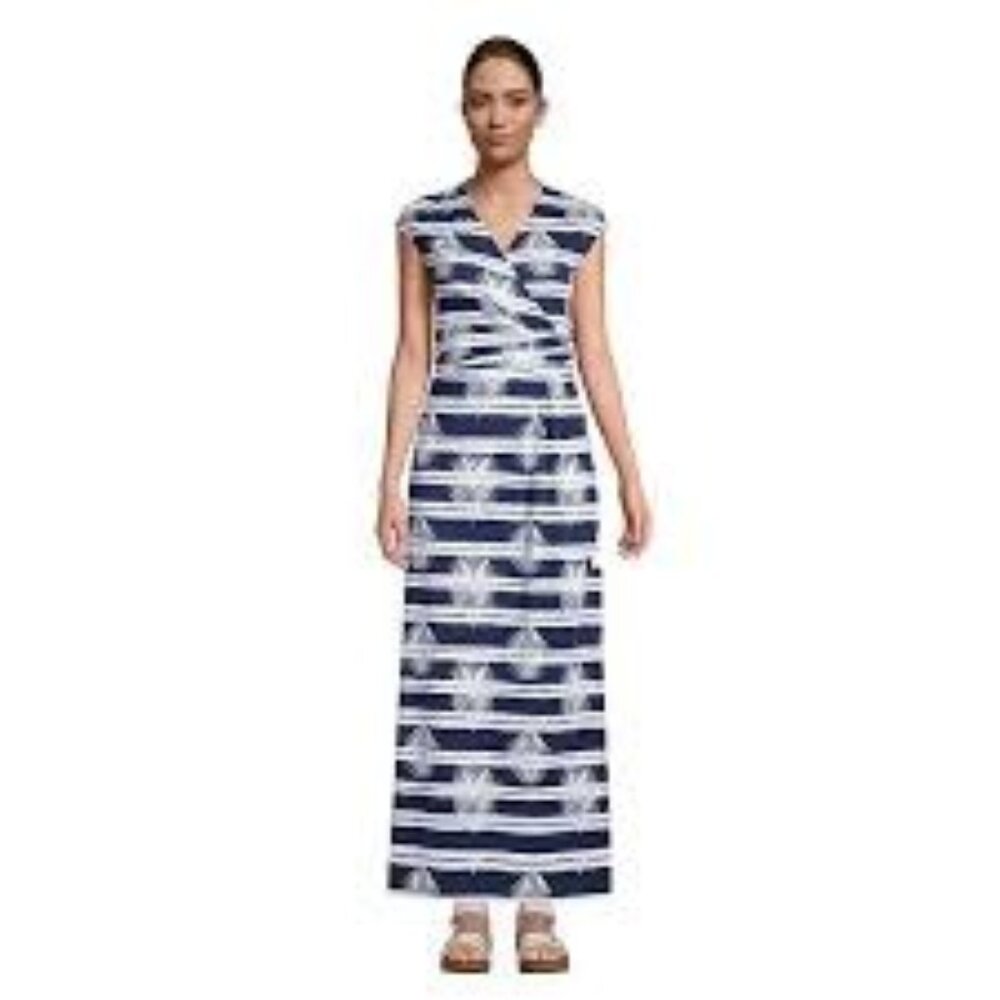 Lands End Womens‎ Navy & White Palm Striped Wrap Maxi Dress L/P